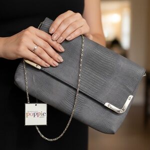 Poppie Jones Gray Textured Foldover Clutch Silver Chain NWT Evening Bag